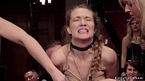 Brunette slut and blonde slave at orgy bdsm party butt plugged and anal fucked