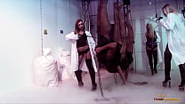 Mistresses suck on dicks of bound dudes before they are penetrated hard