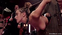 Natural busty brunette trainee slave fucked in waist stock in the upper floor group bdsm party