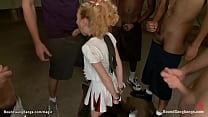Pom pom blonde girl Emma Haize bound down on knees and mouth fucked by big dicks then in rope bondage double penetration interracial pounded