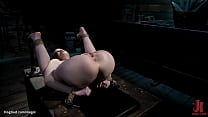 Brunette hot slave Erin Everheart is bound in standing position then leg pulled in stress position till in side suspension pussy vibrated by master The Pope on hogtied